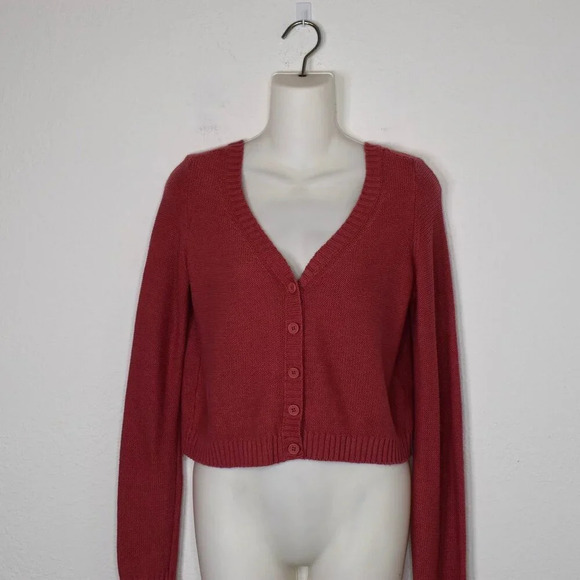 American Eagle Button Front Knit Cardigan Sz XS Cropped Pink Preppy Academia - Picture 2 of 15